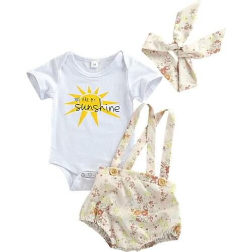 Baby Summer Clothing Sets Toddler Newborn Infant Boy Girls Sun Letter Print Short Sleeve Rompers+Floral Suspender Shorts Outfits