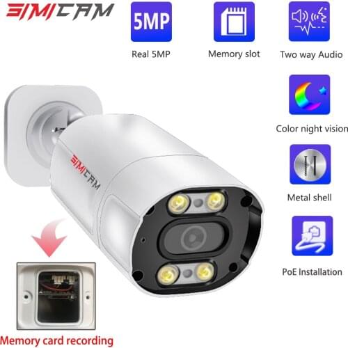 IP Camera 5MP PoE Waterproof Color Night vision SD card slot Onvif bullet home Simicam with Person Detection video surveillance