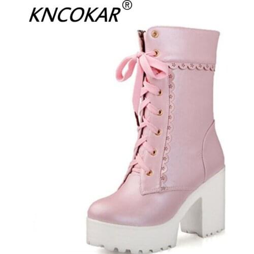 KNCOKAR Autumn Winter New Elegant Lace Lacing Belt Europe And America Martin Boot Thick Heel High Heel Round Head Female Shoe