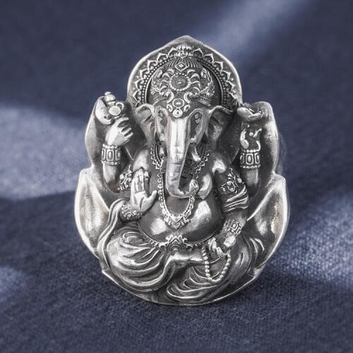 100% Real 999 STERLING SILVER Mens women Lord Hindu Ganesh Elephant India Yoga Jewelry Ring rings handmade Luxury A4537