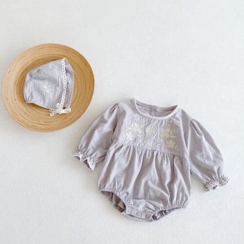 New 2021 Autumn Baby Girl Romper and Hat 2Pcs Clothing Set Korean Embroidery Lace Bodysuit for 0-24M Infants Soft Cozy Overalls
