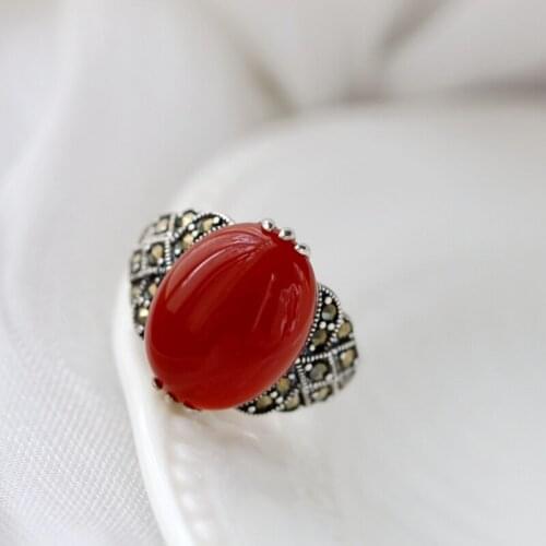 Authentic 925 Sterling Silver Rings Inlaid Natural Red Agate Lady Retro Charm Silver Ring National Style Jewelry Gift