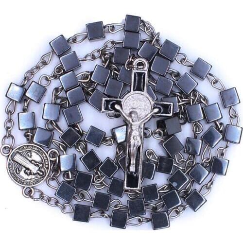 Square black gallstone cross necklace religious ornament Catholic Rosary Necklace