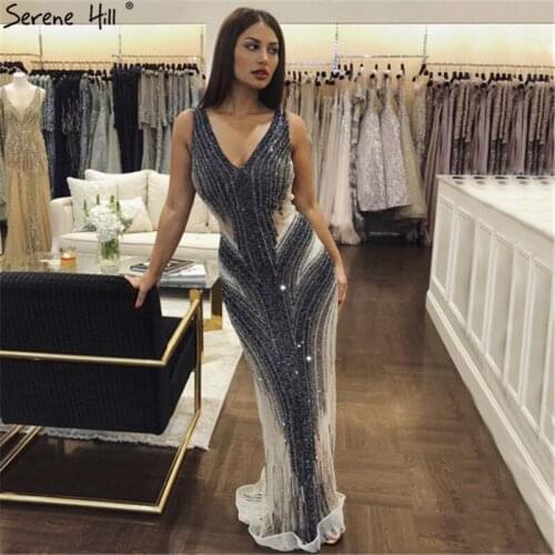 Dubai Design Grey Luxury V-Neck Evening Dresses Mermaid Sequined Beading Sexy Evening Gowns Serene Hill DLA60748
