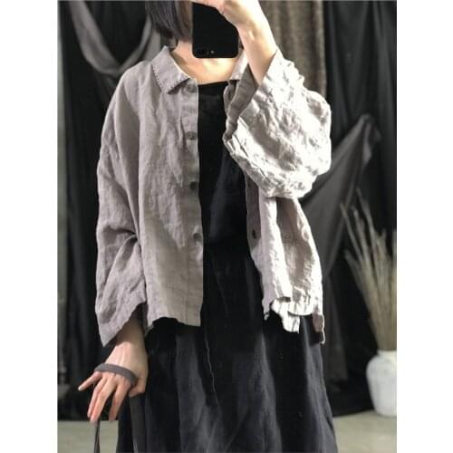 Women Linen Spring Autumn Simple Blouse Ladies Irregular Length Shirt Tops Female Single Breasted Tops Blouses 2021
