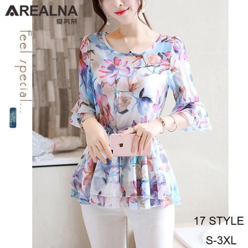 Floral Chiffon Tunic Women Blouses Summer Korean Elegant Ruffles Flare Sleeve Peplum Blouse Shirt Plus Size Tie Front Top Blusas