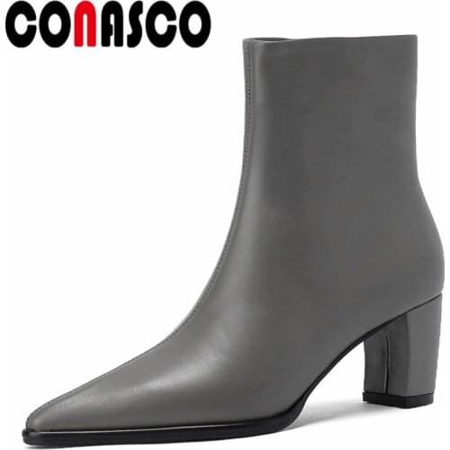 CONASCO Retro Sexy Women Ankle Boots Autumn Winter Warm Cow Leather Party Prom Office Concise Elegant High Heels Shoes Woman