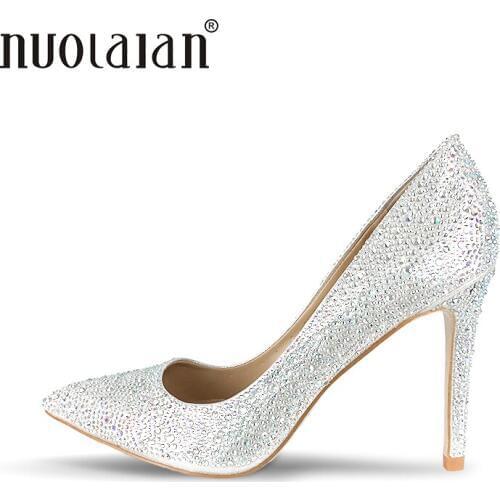 Brand women pumps rhinestone high heel pumps shoes for women sexy pointed toe high heels party wedding crystal shoes woman