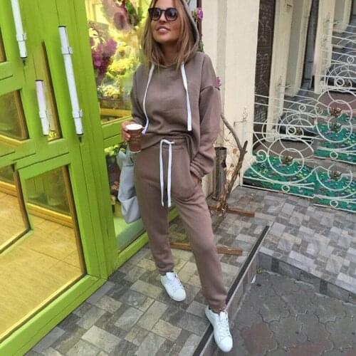 Women New Casual Sets Fashion Hooded Tops Sweatshirt+Solid Long Pants Sets Women Clothing Suits Female Tracksuit 2Pcs Sets