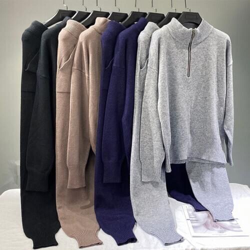 Womens knitted two-piece suit 2021 new warm high-neck knitted half-zipper sweater and slacks two-piece suit women
