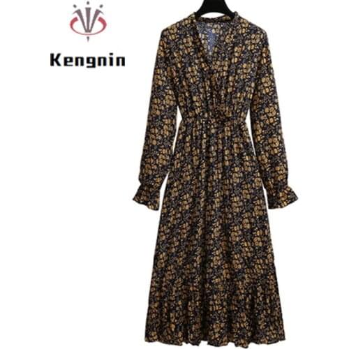 Oversized Female Clothing 2021 Autumn Printing Floral Women Dress V-Neck Long Sleeve Office Lady Work Boho Vestidos Dress KE1833