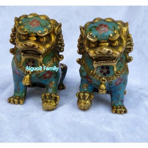 Art Collectible Chinese Old Cloisonne Bronze Carved 1 Pair Fu Foo Dog Statue/Home Decoration Animals Sculpture Good Gifts