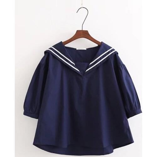 1pcs Sweet Navy Collar Summer Loose Pullover Short Sleeve Costume Daily Outdoor Clothing Women Girl Birthday Gift