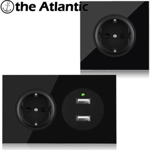 2 Gang EU DE Power Socket With USB Charger Electrical Outlet 146 Type Wall Socket Black Glass Frame High Quality Russia Spain