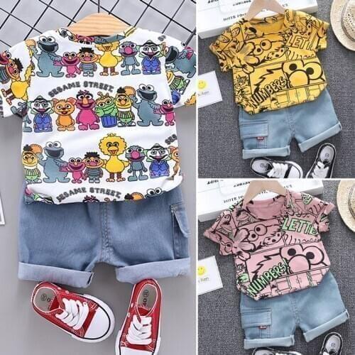 2Pcs/set Toddler girl boy suits kids Clothes Summer tops+Jeans Childrens clothing cotton Girl Denim Shorts fashion child outfit