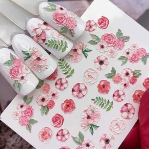 3D New Acrylic Engraved Nail Sticker Red Round Flower Green Leaves Water Decals Empaistic Nail Water Slide Decals Z0480