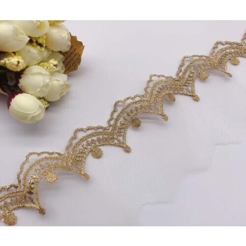 5Yards 6.5cm Soft Ivory Mesh Gold Thread Polyester Fabric Venise Lace Trim Embroidery Sewing Crafts Doll Material Lace Edge
