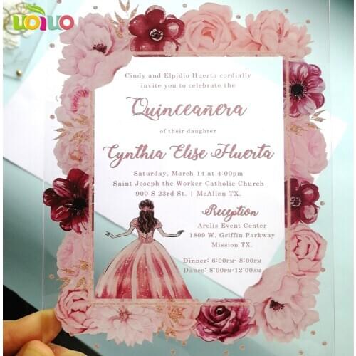 Acrylic card with colorful printing flower Quinceanera invitation card, acrylic print custom wordings birthday invitation card 6