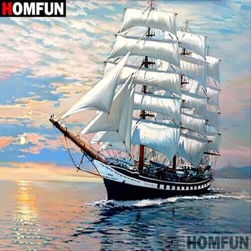 HOMFUN 5D DIY Diamond Painting Full Square/Round Drill "Ship sailing" 3D Embroidery Cross Stitch Mosaic Home Decor A02574