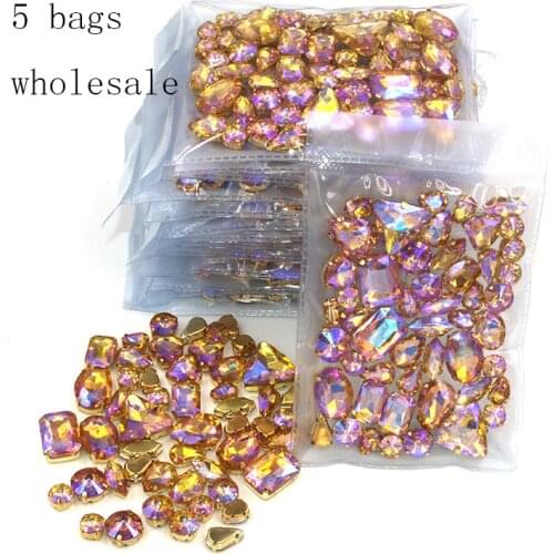 Free shipping Wholesale 5 bags mixed shape sew on glass Yellow AB gold base rhinestones diy dress/Clothing accessories