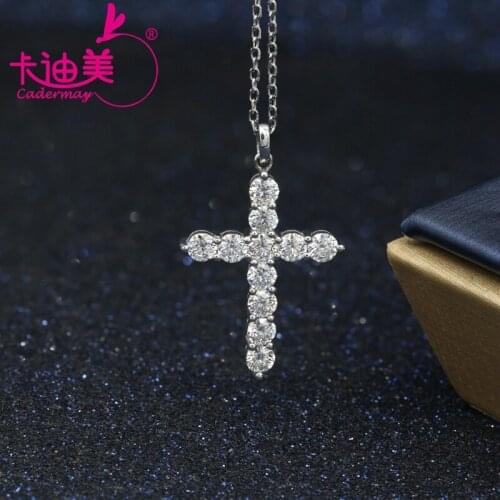CADERMAY Trendy Style 3mm Moissanite Cross Pendant Necklace 16inches 925 Sterling Silver Round Diamond Moissanite Pendant