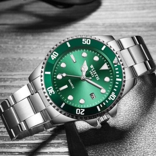 Men Luxury Brand Green Watch Quartz Digital mens wristwatches dive 30m Casual Fashion Black Stainless Steel Gift Watches