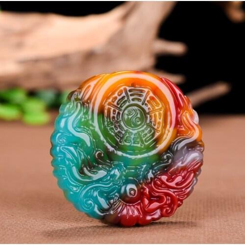 Colorful Jade Dragon eight diagrams Pendant Necklace Jewellery Chinese Hand-Carved Relax Healing Women Man Luck Gift Free Rope
