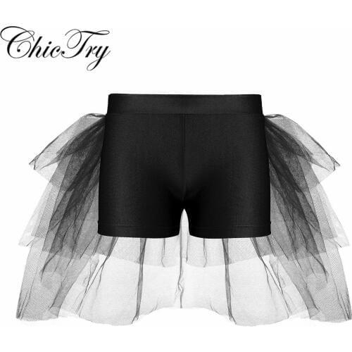 Kids Girls Children Shorts Bottoms with Attached Bustle Tiered Mesh Dance Wear Kids Shorts for Ballet Dance Stage Performance