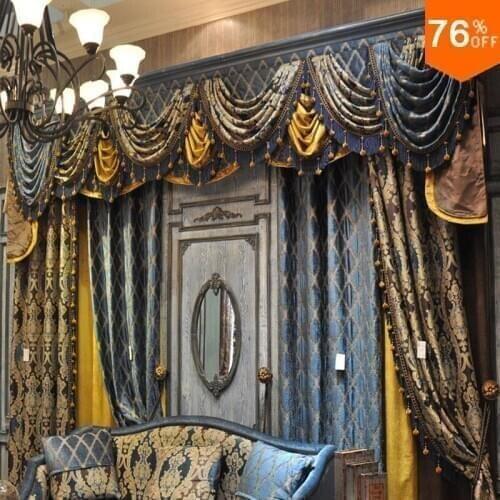 Royal Blue cross grid Golden curtain for living room valance curtains for Baroque Boss Room stately baroque count curtains