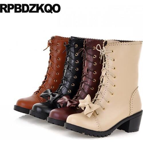 Round Toe Cute Lace Up Bow Shoes Women Ankle Boots Medium Heel Vintage 2017 Beige Japanese Chunky Waterproof Kawaii Short Lolita