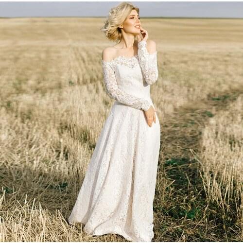 Lace Barn Long Sleeves Wedding Dress Beach A Line Pearls Corset Princess Off The Shoulder Bridal Gowns Custom Made Large Sizes