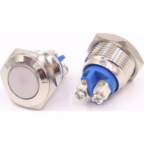 16mm metal push button waterproof nickel plated brass switch flat head Round shape momentary self reset 1NO