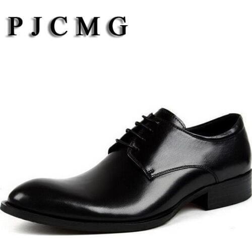 PJCMG New Fashion Black/Red/Brown Handmade Genuine Leather Lace-Up Pointed Toe Business Dress Men Oxford Office Shoes
