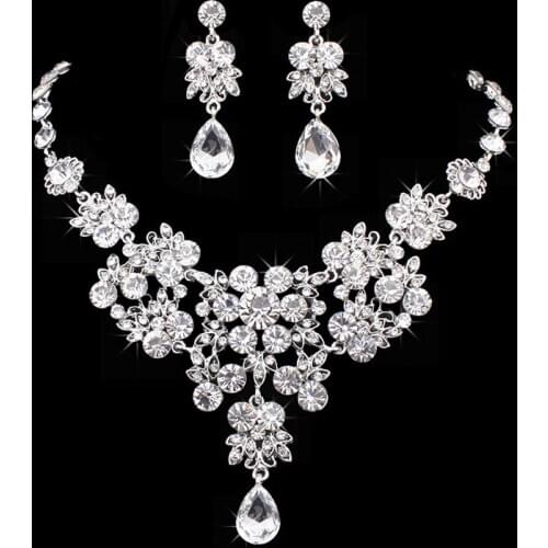 Cute Female Crystal Jewelry Set Charm Gold Silver Color Wedding Drop Earrings For Women Luxury Bridal Flower Chain Necklace