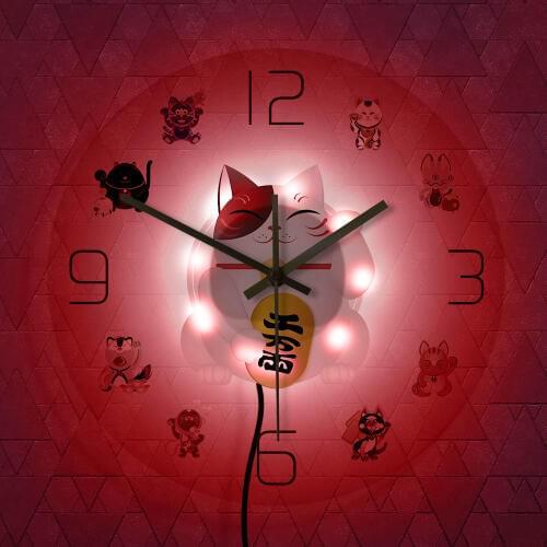 Maneki Neko Fortune Cat Cartoon Acrylic Printed Wall Clock Japanese Beckoning Cat Mute Wall Light Cute Lucky Kitten Home Decor