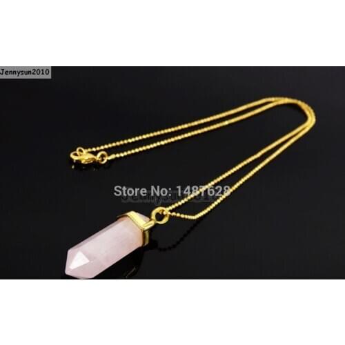 Natural Rose Quart-z Gems Stone Hexagonal Pointed Healing Reiki Chakra Pendant Beads 17'' Chain Necklace 5 Sets/Pack