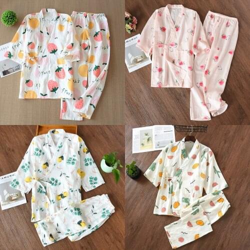 2021 New Seven-sleeve Japanese-style Kimono Pajamas Set Female Spring and Autumn 100% Cotton Gauze Home Clothes Cute Sweet Two-p
