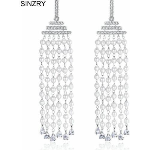 SINZRY Luxury bridal long tassel imitation pearl dangle earrings cubic zircon elegant wedding Earrings