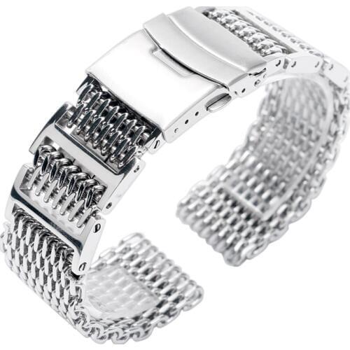 20/22/24mm Luxury Silver Mesh Bracelet Folding Clasp with Safety Solid Link Men Women Shark Stainless Steel Watch Band Strap