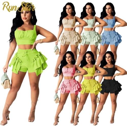 Runstar 2 Piece Sets Sexy Ruffles Shorts and Crop Top trend Club Vacation Women Summer Comfortable Fashion Female Outfits 2021