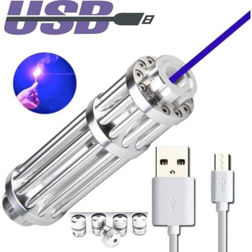The most powerful blue laser pointer USB charging, burning laser 450nm 5000m adjustable focus flashlight, with 5-star cap