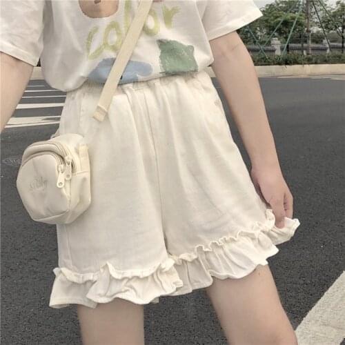 Lolita Shorts Summer Lovely Girls Japanese Style Ruffles Sweet Shorts Students Cute Simple Elastic Waist Women Short Trousers