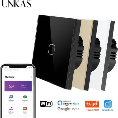 UNKAS Tuya Smart Life Glass Panel EU/UK Standard Touch Switch Zero/Single Fire Line Voice Control Light Wireless Wall Switch