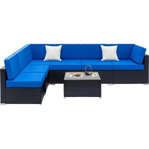 Three Styles Fully Equipped Weaving Rattan Sofa Set with 2pcs Corner Sofas & 4pcs Single Sofas & 1 pcs Coffee Table Embossed