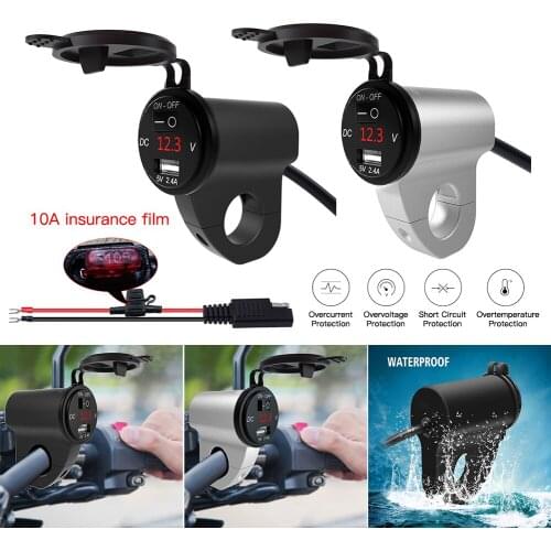 Motorcycle aluminum alloy waterproof mobile phone charger with digital display voltage 2.4A car USB with power-off switch
