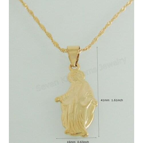 YELLOW GOLD GP OVERLAY 18INCH WATER WAVE NECKLACE & VIRGIN MARY IMAGE RELIGIOUS PLAIN SURFACE GOD PENDANT