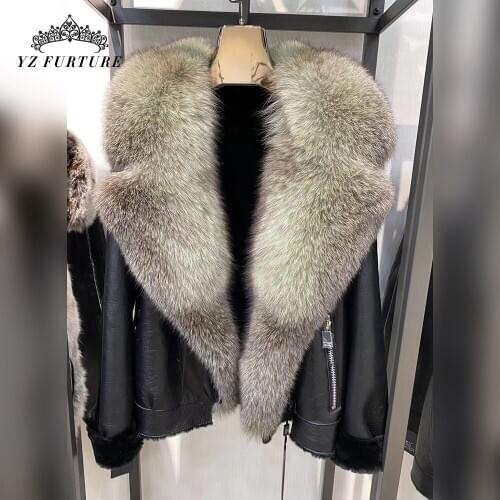 Women Winter Warm Real Fox Fur Collar Leather Short Coat Girl Luxury Fox Fur Thick Collar Zipper Whole Skin Jacket FC-403