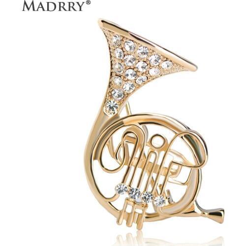 Madrry High Quality Trumpet Shape Brooches For Women Gold Crystals Musician Broches Hijab Pins Dress Decorations Jewelry