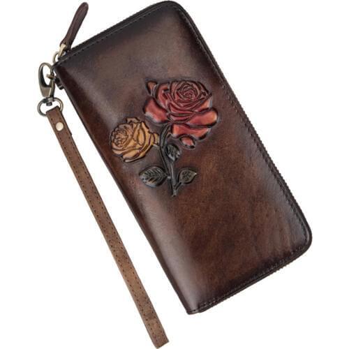 Rose Embossed Women Clutch Wallet Printing Zipper Bag Female ID Credit Cards Clips Genuine Leather Wrist Money Bags Long Purse