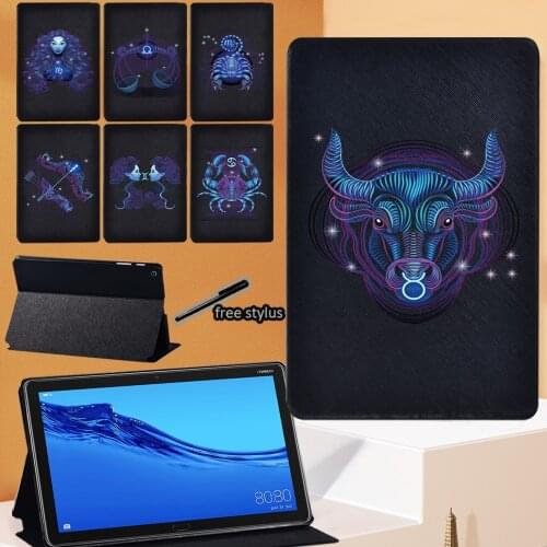 Zodiac Series Tablet Case for Huawei MediaPad M5 10.8 Inch/M5 Lite 10.1 Inch Drop Resistance Leather Stand Cover+Stylus